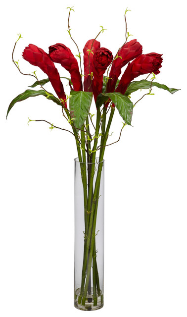 Ginger w/Cylinder Vase Silk Flower Arrangement - Modern - Artificial