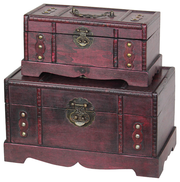 Antique Wooden Trunk, Old Treasure Chest Set of 2 Rustic Decorative