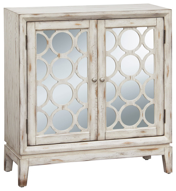 Distressed Vintage White Mirrored Accent Chest Contemporary Accent