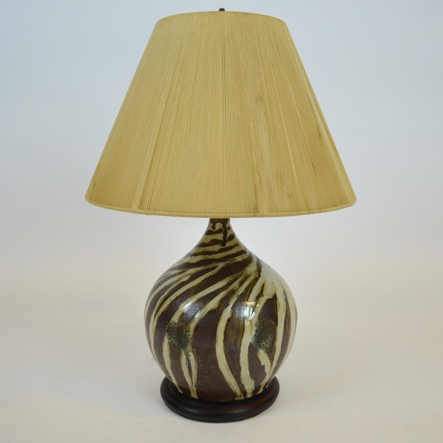 Ceramic African Zebra Lamp w/ Threaded Lamp Shade Midcentury Table