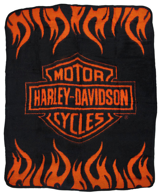 Harley Davidson Bar & Shield Logo Throw Blanket Flames traditionalthrows