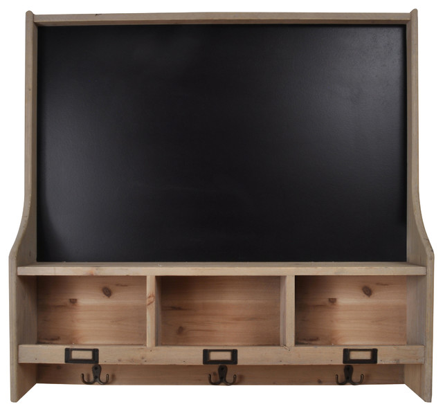 Wood Chalkboard Organizer with 3 Cubbies and Coat Hooks 30"x29"(Natural