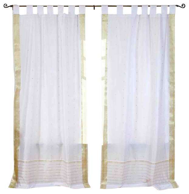 Pair of White with Gold Tab Top Sheer Sari Curtains, 43 X 96 In ...