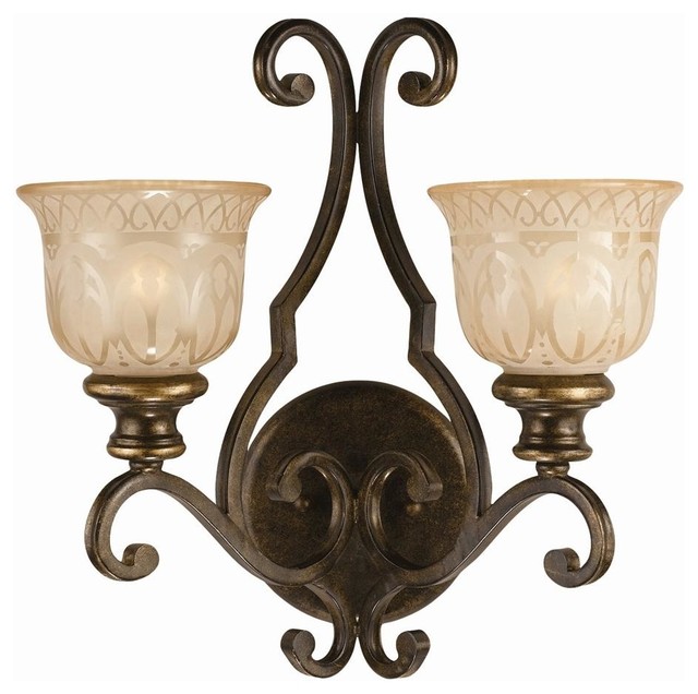 2-Lights Wrought Iron Wall Sconce with Amber Glass Pattern - Contemporary - Wall Lighting - by ...