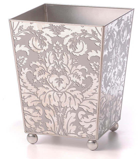 Mirror Wastebasket, Damask Silver Transitional Wastebaskets by