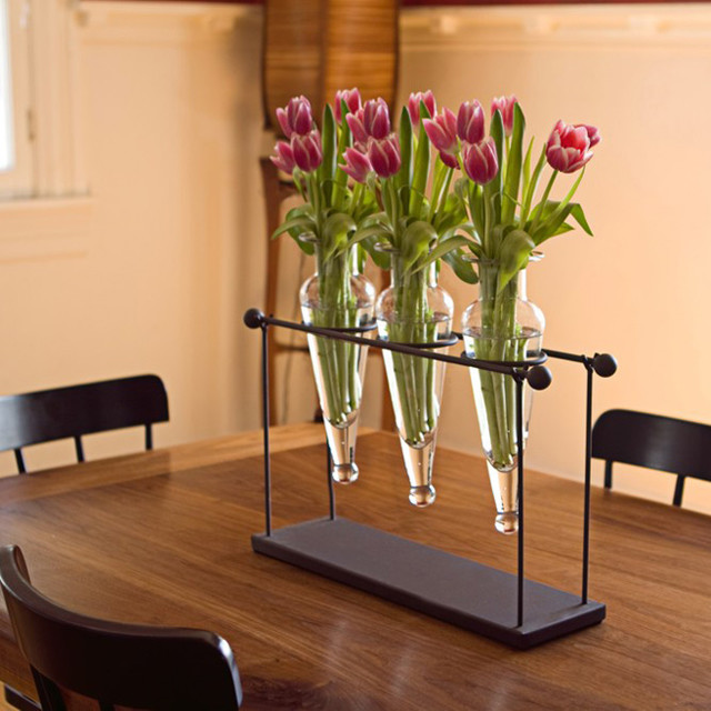 Recycled Glass Triple Flower Vase Rustic Metal Stand Contemporary