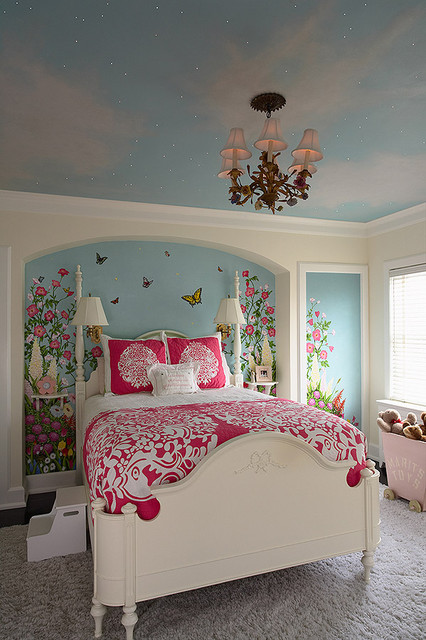 Girl's bedroom with artist painted walls, sky ceiling, and fiber ...