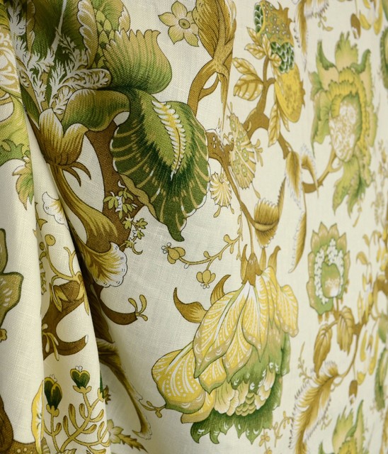 Dennehy Apple Green Real Linen Floral Drapery Farbic By The Yard