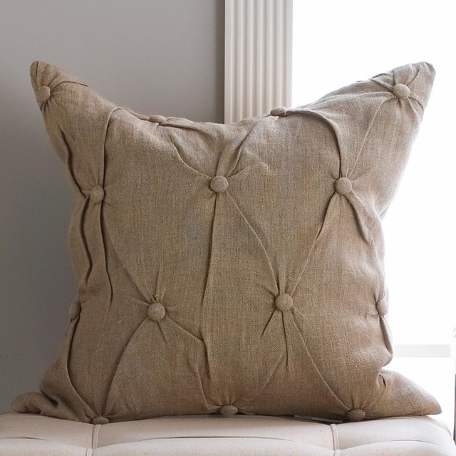 Button Tufted Natural Linen Pillow - Decorative Pillows - by Shades of Light