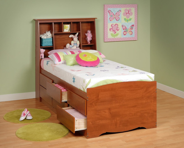 Prepac Cherry Tall Twin Platform Storage Bed with Bookcase Headboard