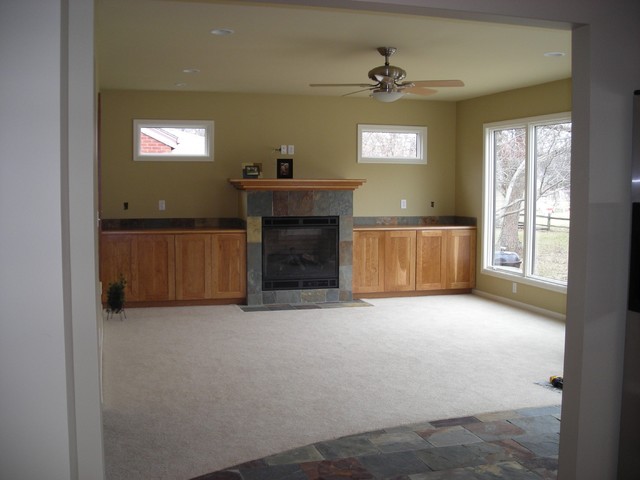 Stone Front Fireplace transitional family room