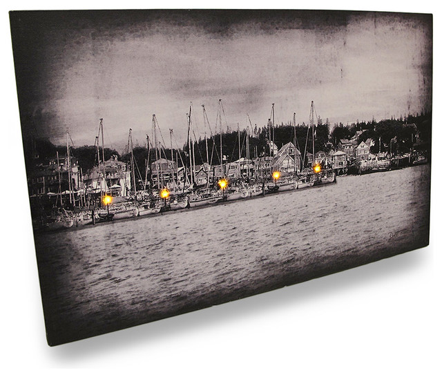 Lighted Harbor Flickering Lights LED Black / White Canvas Wall Hanging - Traditional - Prints ...