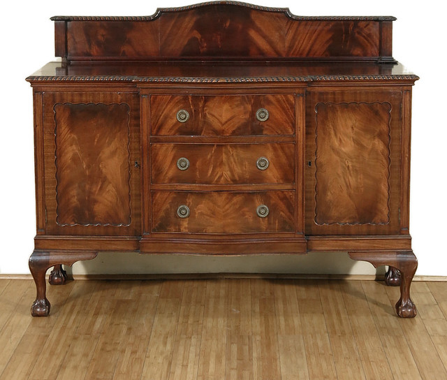 c1920 Antique Flame Mahogany Chippendale Claw & Ball Buffet Sideboard