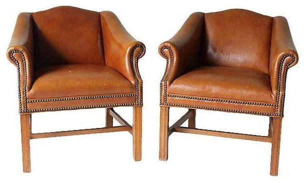 Distressed Camel Leather Club Chairs - A Pair ...