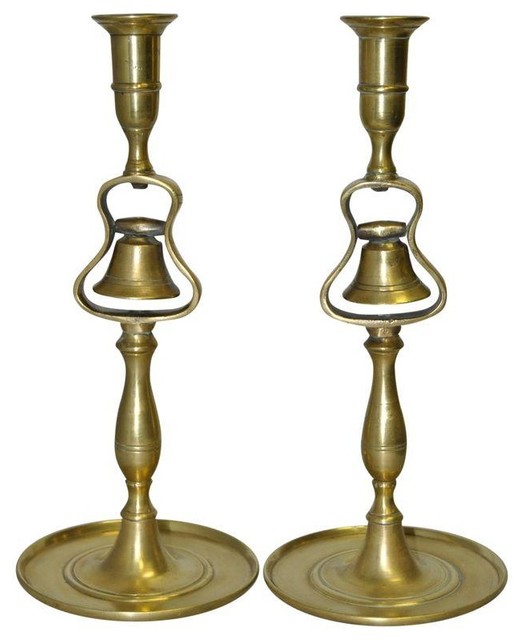 19th Century Brass Tavern Bell Candlesticks Pair Traditional Candles And Candleholders