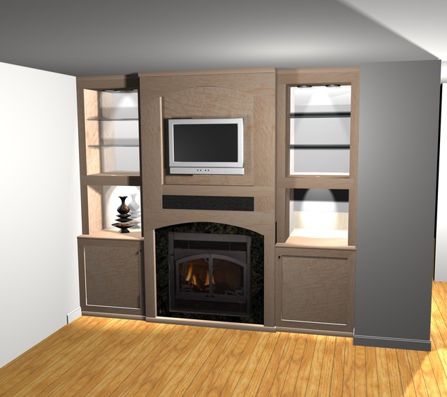 Birdseye Maple builtin entertainment center with fireplace