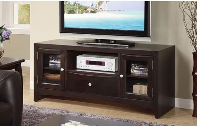 POUNDEX Furniture - Contemporary Walnut Wood Tv Stand With 2 Glass 