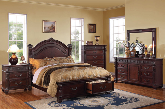 Brown Cherry Wood Bedroom Set - Traditional - Bedroom Furniture Sets ...