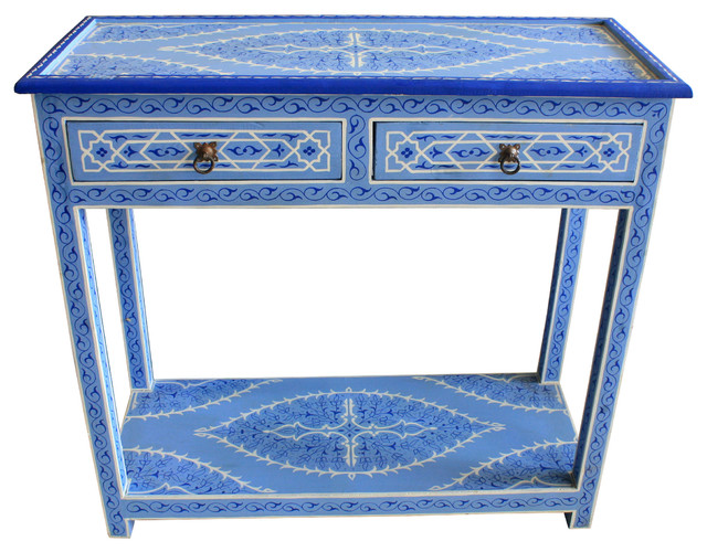 Moroccan Hand Painted Wooden Buffet Table, Blue Mediterranean