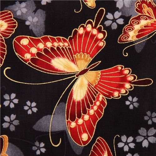 black Japanese butterfly fabric Robert Kaufman USA Fabric