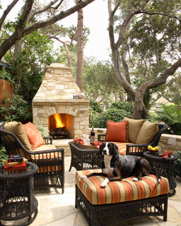 Outdoor fireplace with patio furniture