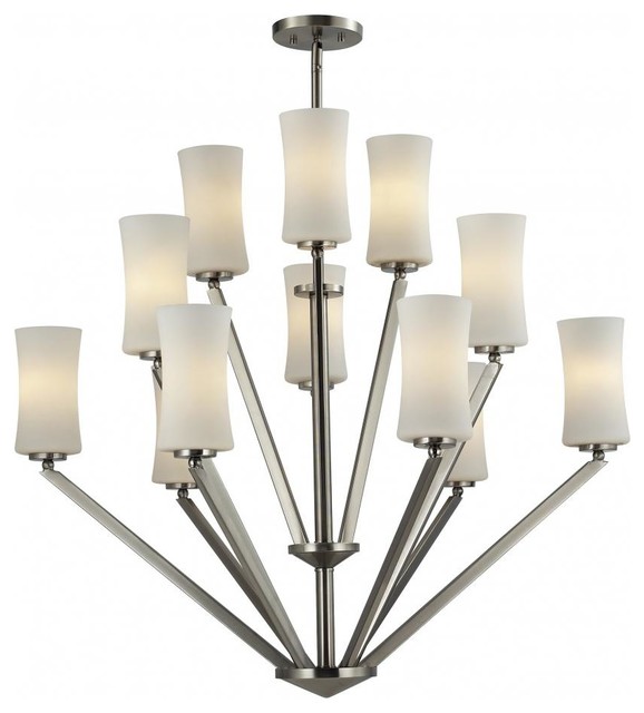 Twelve Light Brushed Nickel Matte Opal Glass Drum Shade Chandelier