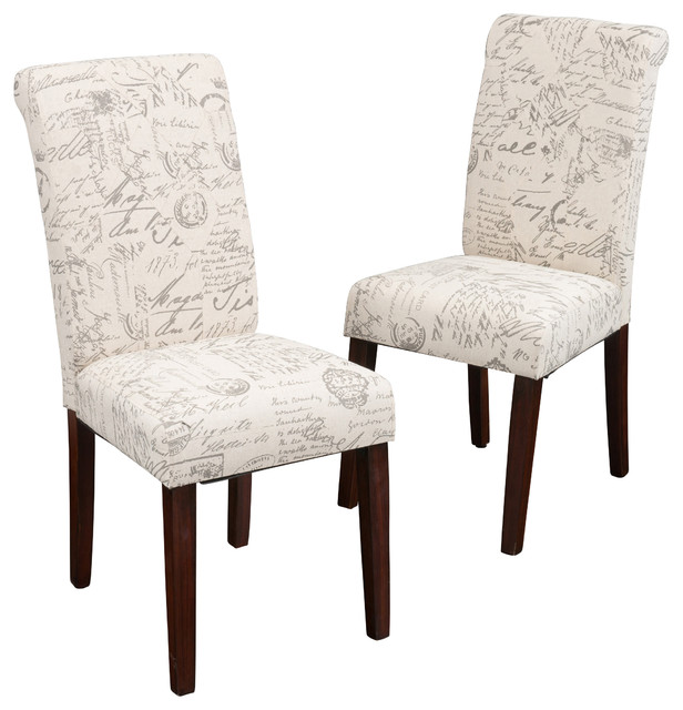Set of 2 Script Printed Linen Dining Chairs Transitional Dining