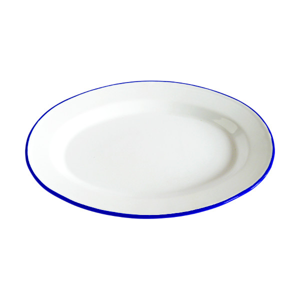 Enamelware Oval Dinner Plate, 12Inch, Set of 2, White and Blue Rim