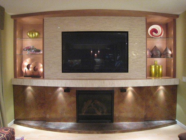 Family Room TV and Fireplace Wall With Hidden Storage - family ...