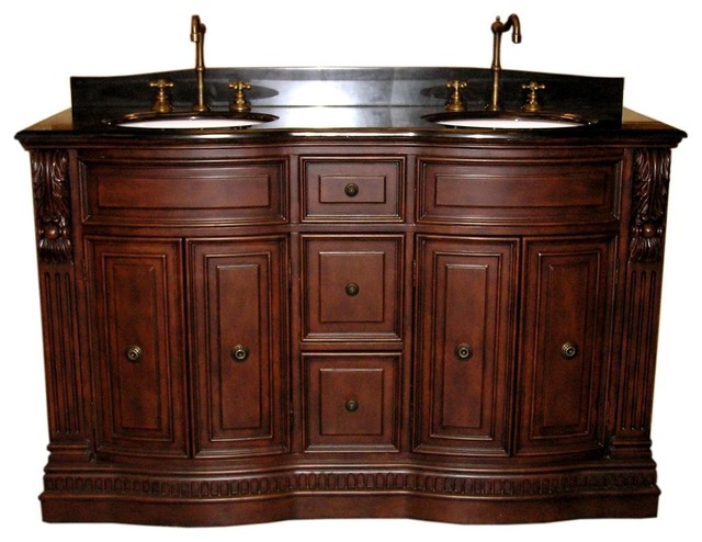 Solid Wood Vanity w Double Sinks in Dark Cherry Finish - Contemporary