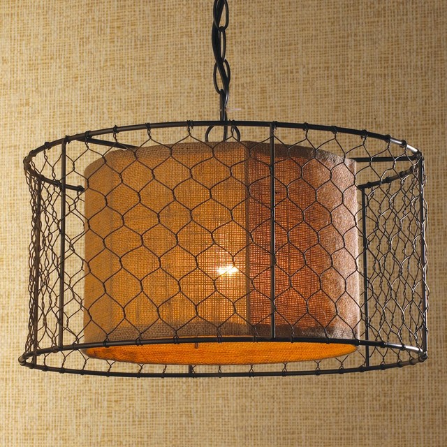 Chicken Wire with Burlap Drum Pendant pendant-lighting