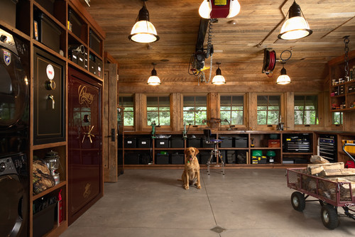 Wood garage workshop with dog