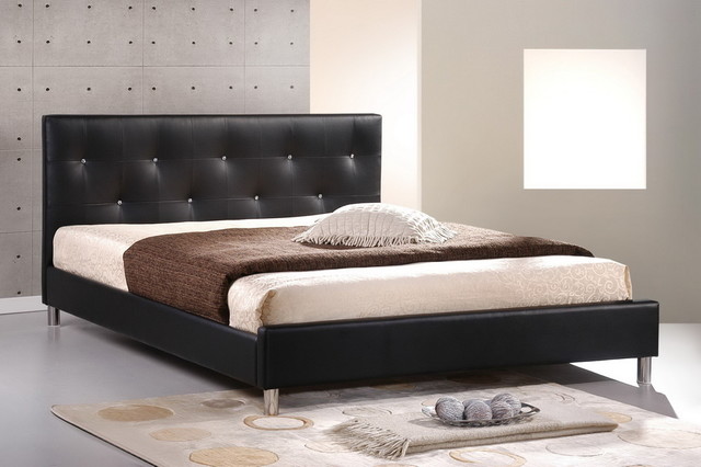 Baxton Studio Modern Black Leather Bed With Jeweled Crystal Tufted