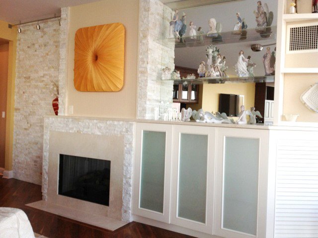 Living Room with Natural Stone Fireplace & Built Ins contemporary living room