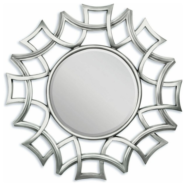 Silver Finish Geometric Design Hanging Wall Mirror Contemporary