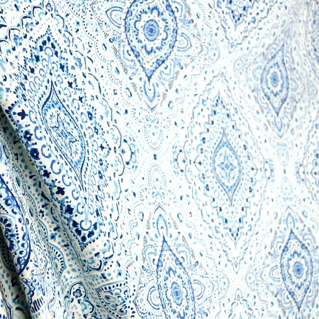 Hopewell Coastal Blue White Damask Fabric Contemporary Drapery Fabric by The Fabric Co