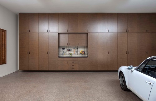 Garage storage with wood cabinets