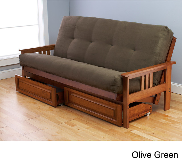 Andover Full Size Futon Sofa Bed Honey Oak Wood Frame Bonded Leather ...