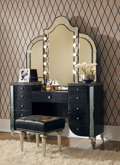 Hollywood Swank 3 Piece Vanity Set in Black traditional-makeup-mirrors