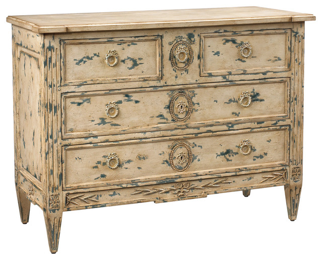 Troyes French Country Maple Wood Distressed Ivory Blue Dresser