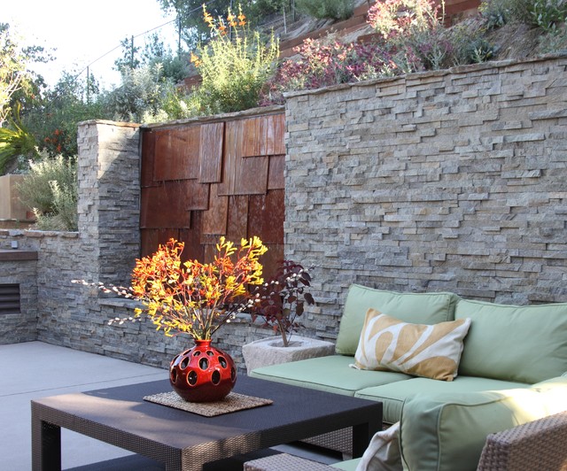 Ledger Stone Retaining Wall with Copper Waterfall - Contemporary ...