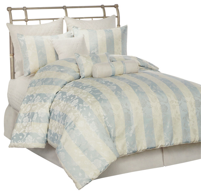 Aqua and Ivory Floral Stripe California King 10 Piece Comforter Set