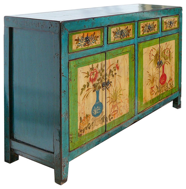 Mongolian Antique Turquoise Flower Vase Hand Painted Buffet Table TV