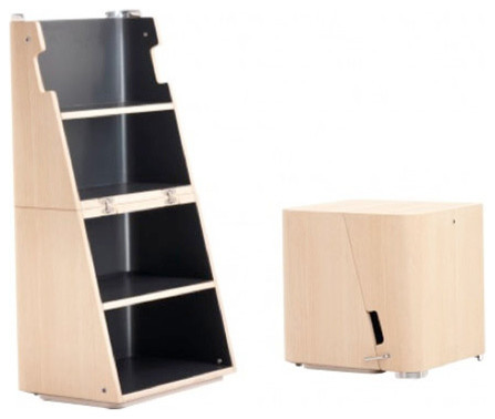 Side table/stool that unfolds into a step ladder/bookcase Light brown side table/stool that unfolds into a step ladder/bookcase