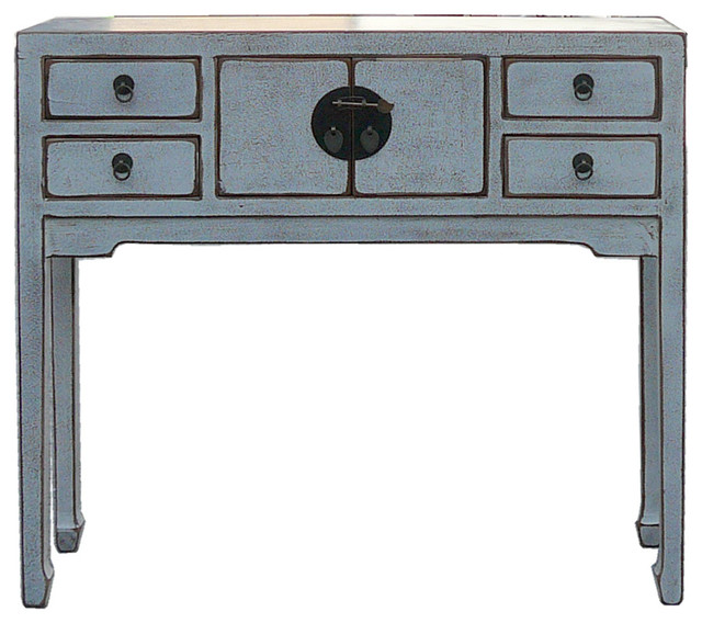 Chinese Rustic Off White Narrow Slim Pedestal Side Table Asian Side