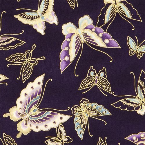 dark purple butterfly fabric with gold Robert Kaufman USA Fabric by