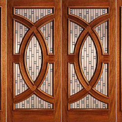 Mahogany Prehung Double Door and Two Sidelite, Circle Decorative Glass ...