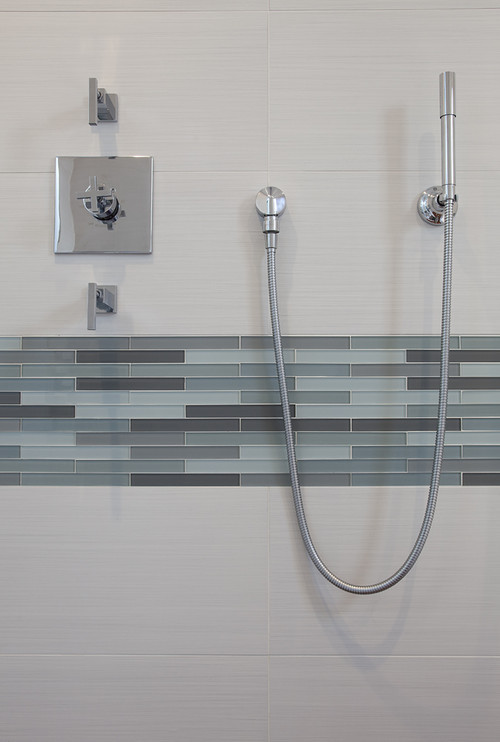 Contemporary shower with gray accent glass tile