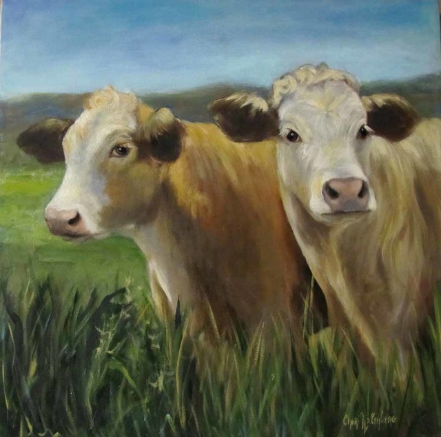 Beige Cows, Large Giclee Stretched Canvas Print - Rustic - Fine Art ...