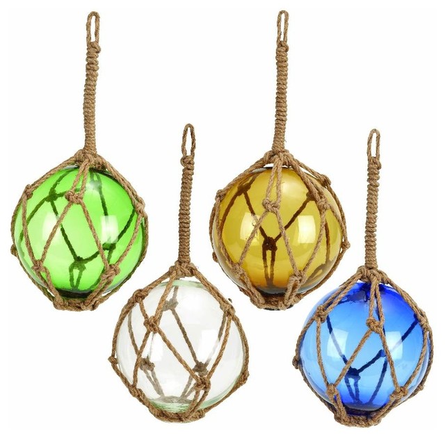 Set of 4 Large Glass Balls Nautical Jute Rope Netting Home Accent Decor ...